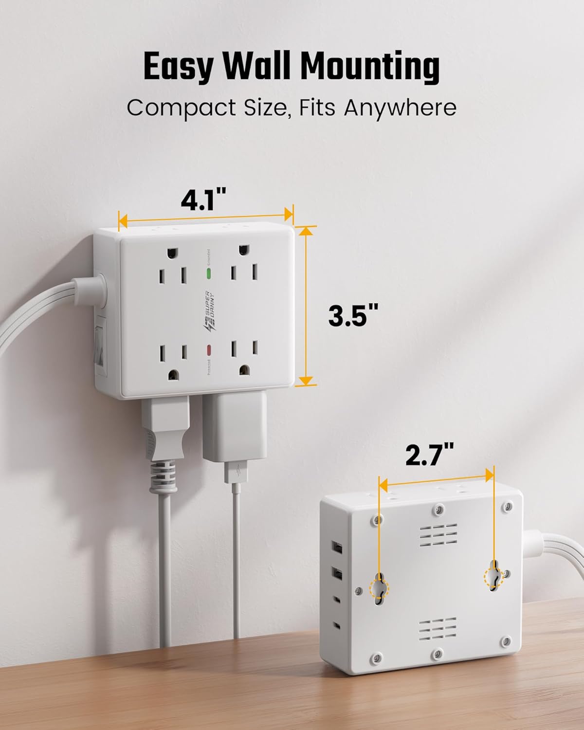 10Ft Extension Cord with Multiple Outlets, Flat Plug Surge Protector Power Strip 10 Ft Long Cord, 8 Outlets & 4 USB Ports (2 USB C), Desk Charging Station for Home Office, College Dorm Room Essentials